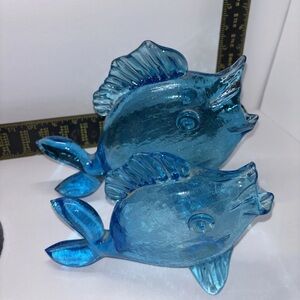 Vintage Indiana glass Tiara blue crackle fish